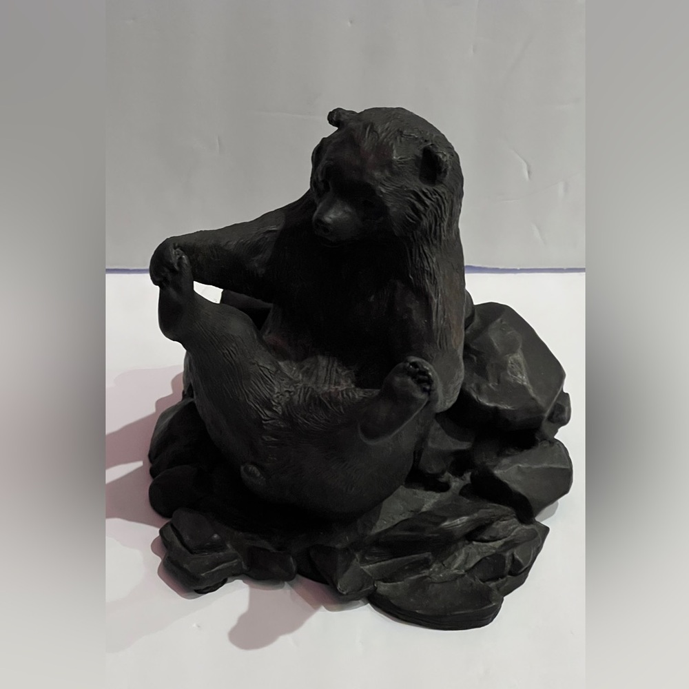 Bronze Sculpture Of Bear Happy Baby Pose Yoga Bear 6”x6” Artist Joan Lacy